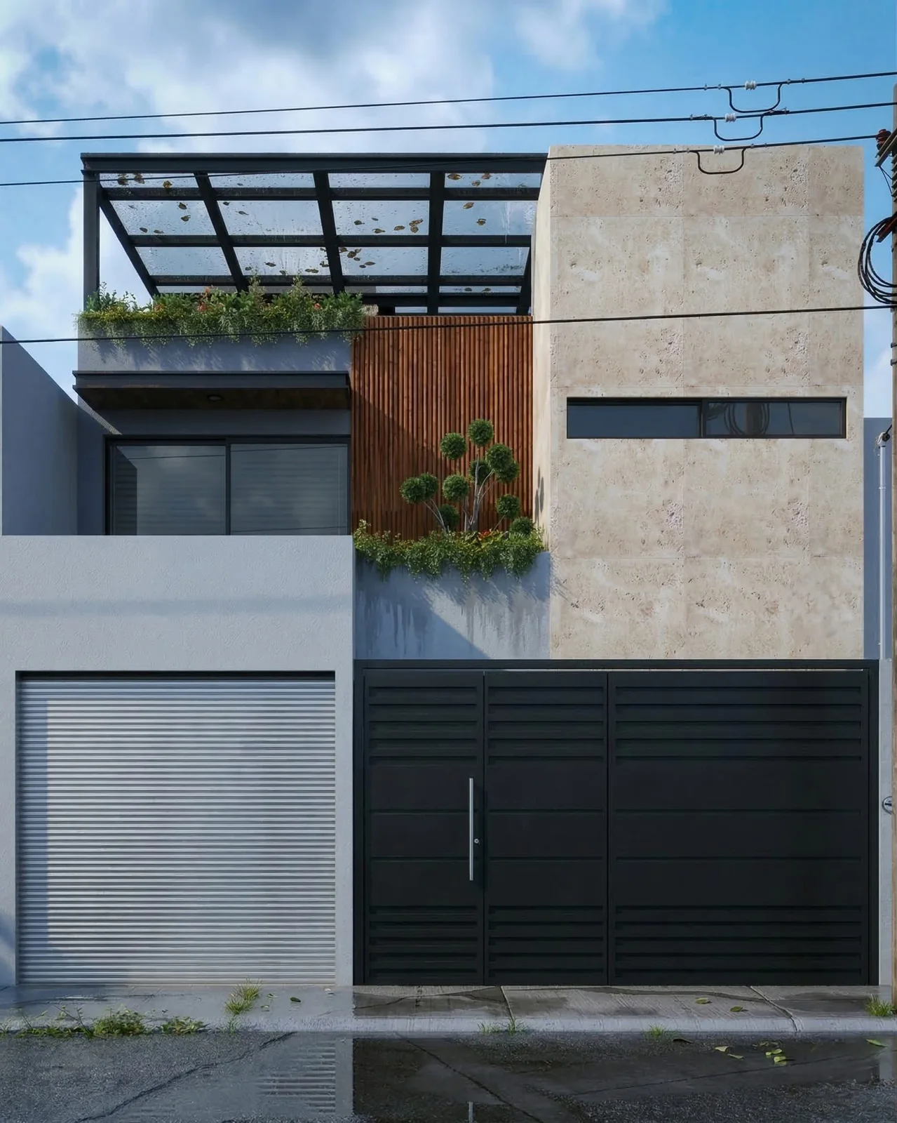 Fachada con piedra natural, celosía y estructura de acero