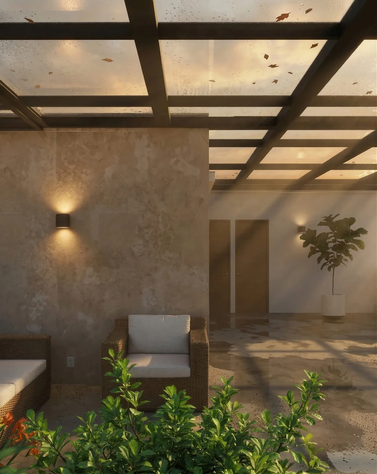 Terraza con pérgola metálica e iluminación cálida