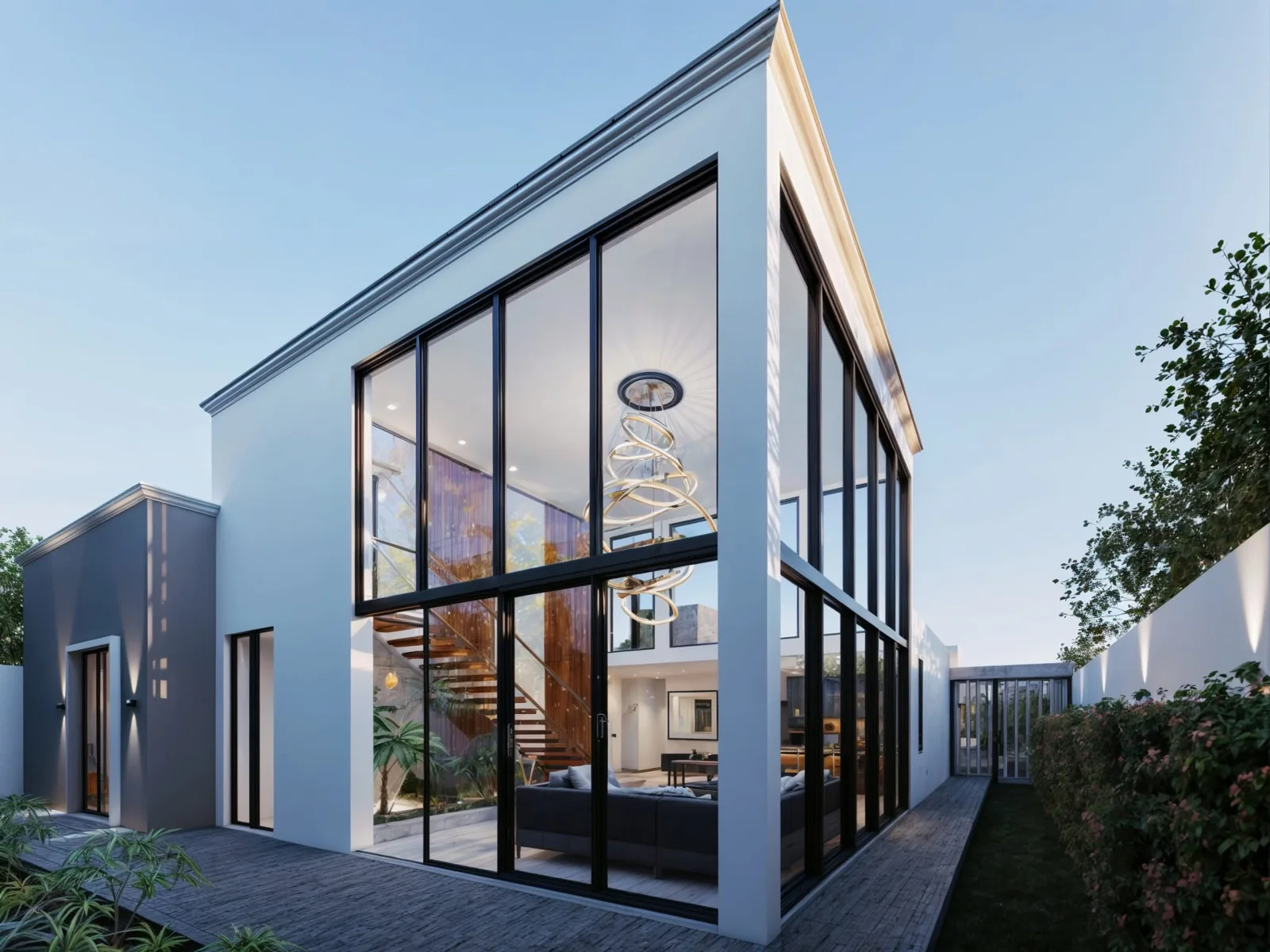 Vivienda contemporánea con grandes ventanales de doble altura